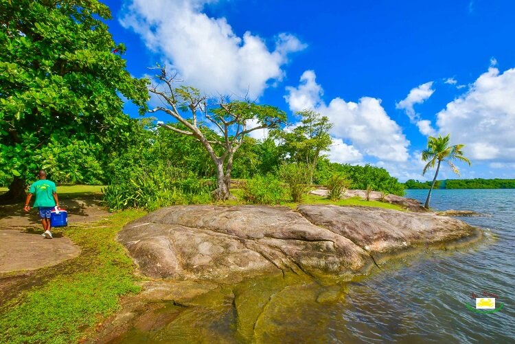 Un guide en train d'emmener une glacière au centre du Petit Ilet. L'îlet est verdoyant et le ciel bleu. Une formation volcanique fait office de plage sur la droite.